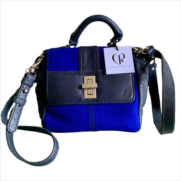 NWT Charlotte Ronson Navy Blue Wool & Black Leather Panel Crossbody Handbag - Picture 3 of 11